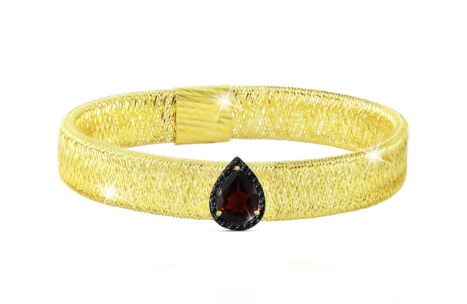 Vera Perla 18K Gold 0.12ct Black Diamonds, Garnet Mesh Bracelet